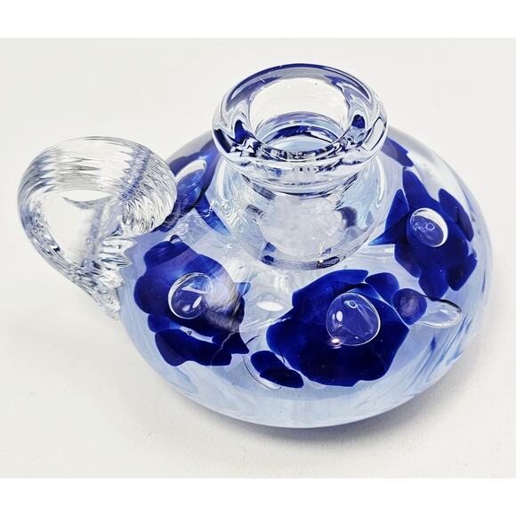 Vtg 2000 Gibson Blown Art Glass Cobalt Blue Flower Bubble Candle Holder/Paperwei - Picture 1 of 7